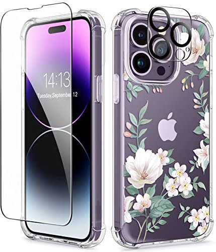 GVIEWIN Compatible with iPhone 14 Pro Case 6.1 Inch 2022, with Tempered Glass Screen Protector + Camera Lens Protector, Flower Clear Hard PC Slim Bumper Shockproof Protective Cover, Magnolia/White