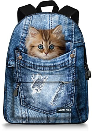 JBS-NO.1 Niedlicher Kinder-Rucksack für Teenager, Mädchen, Jungen, Frauen, Katzen, Hunde, Welpen, Büchertasche, Mehrfarbig, 11.4”(L)*6.9”(W)*15.4”(H), Katze-B