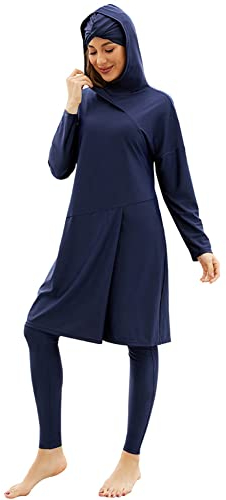 IMEKIS Damen 3tlg Modest Bademode Muslimischen Badebekleidung Islamischen Arabischen Badeanzug Langarm Tankini mit Hijab voller Abdeckung Burkini Schwimmanzug Marineblau M