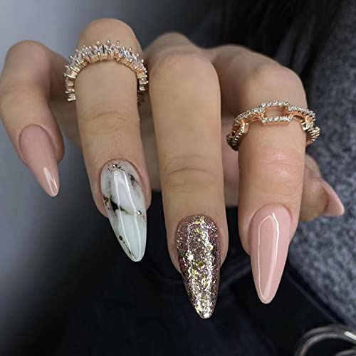 24 Stück Falsche Nägel Mandel Kurz, Glänzend Marmor Nägel Zum Aufkleben French Tip Kunstnägel Press on Nails mit Design, Acryl Künstliche Nägel Fingernägel Fake Nails für Frauen und Mädchen
