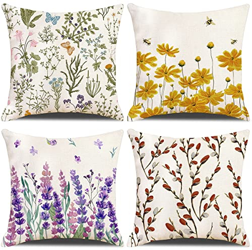 GYISANA 4er Set Dekorativ Kissenbezug Baumwolle Leinen Kissenhülle Dekokissen Sofakissen für Couch, Auto, Schlafzimmer 45x45 cm (Blume Lavendel)