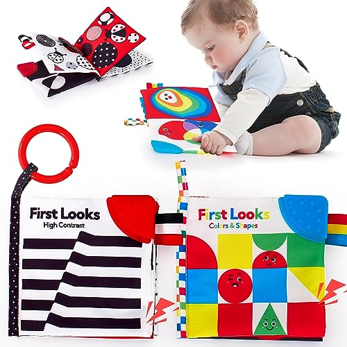 hahaland Kontrastkarten Baby Spielzeug 0 3 6 Monate, Schwarz Weiß Kontrasten Baby Buch für Neugeborene, Soft Bilderbuch Stoffbuch mit Spiegel, Kinderwagen Visuelle Stimulieren Babybuch Geschenk 2PCS