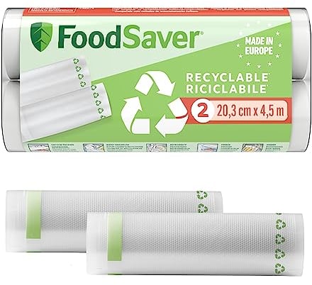 FoodSaver rollos de envasado al vacío | Reciclables y reutilizables | Mantiene los alimentos frescos hasta 5 veces más tiempo | Sin BPA | 2 rollos para congelar y cocer a fuego lento (20 cm נ4,5 cm)