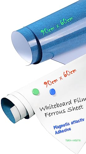 TUKA-i-AKUT 2er Haftgrund für Magnete, Beschreibbar Selbstklebend Whiteboard Folie, Nass Abwischbar, Premium-Kleber, Ferrofolie Eisenfolie, 90 x 60cm, Weiß, TKD9020-white-90cm-2X