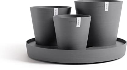 Ecopots Blumentopf Set Dubai - grau - 3 Blumentöpfe + rollbarer Untersetzer ø 56 cm - Pflanzentopf aus Recycling Kunststoff - Übertopf modern für Indoor und Outdoor