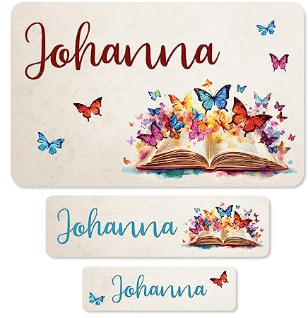 Striefchen® Schulaufkleber für Mädchen, 100 Stück, personalisiert mit Namen & Wunsch-Motiv Schmetterlinge und Buch