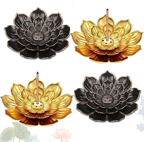 Lotus Stick Räucherstäbchenhalter,4 Stücke Incense Holder Räuchergefäss Duft Zubehör mit abnehmbarem Aschefänger.(Bronze, Gold)