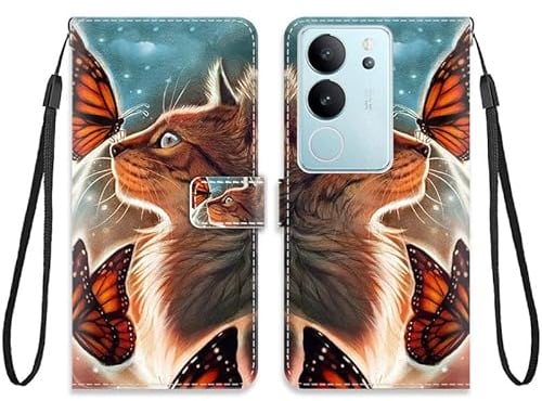 KARTXITAI Hülle Kompatibel mit VIVO V29 5G,Leder Handyhülle mit Kartenfach Geld Slot Ständer PU Ledertasche Wallet Flip Magnetische Muster Schutzhülle-Katze,Schmetterling