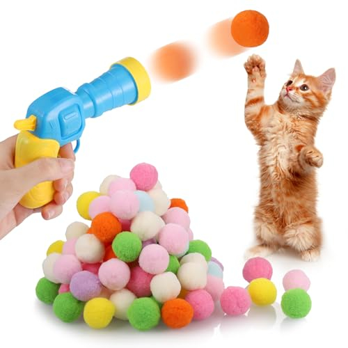 Zocipro 100 Stück Katzenspielzeug Ball Pistole,Interaktives Katzenspielzeug Mit Kunststoff Startwerkzeug,Interaktives Spielzeug für Katzen Indoor,Cat Toy Ball (30mm)