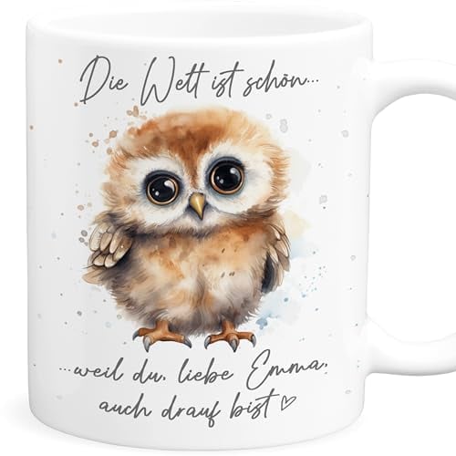 Tasse Eule Die Welt ist schön weil du mit drauf bist personalisiert mit Name Eulen Geschenke für Frauen Eulentasse aus Keramik