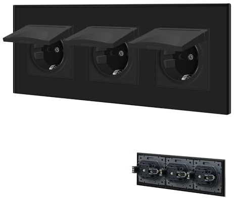 BSEED Steckdose 3 Fach mit Wasserdichter Abdeckung, Schuko Steckdose mit Steckklemme, Unterputz Steckdose mit Kristall Glas Platte, 3er Steckdose Unterputz 16Amp Wandsteckdose 228mm, Schwarz