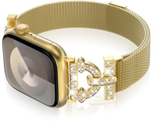 KADES Cinturino magnetico compatibile con cinturini Apple Watch da 42 mm, 44 mm, 45 mm, con strass, elegante anello in acciaio inox, per Apple Watch Series SE 9 8 7 6 5 4 3 2 1 da donna, oro