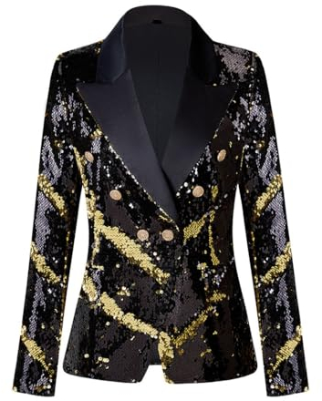 CARFFIV Damen Mode Zweireihige Bankett Party Urlaub Pailletten Langarm Jacken,Black+Gold,XL