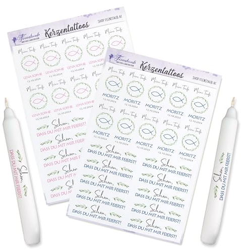 FEENSTAUB Kerzen Tattoos für die Taufe, personalisierte Gastgeschenk selber machen, Tischdeko, Aufkleber für Kerzen, Taufsymbol, DIY Taufkerze, Give-Aways gestalten, bedruckte Folie für Kerzen
