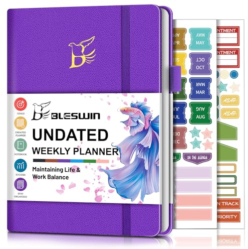 BLESWIN Wochenplaner für Jedes Jahr - A5 Terminplaner & Zeitschrift zur Verfolgung von Zielen, Terminplaner Undatiertes Notizbuch, Perfekt zum Planen, Lila Lederplaner und Organisatoren