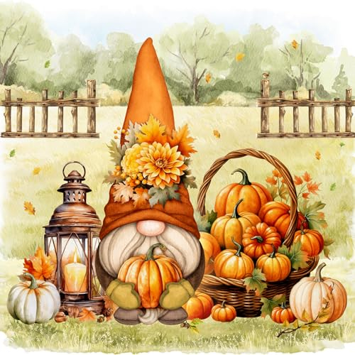 20 Servietten Herbst Gartenwichtel mit Kürbisse als Tischdeko. Papierservietten mit Motiv. Auch für Decoupage und Serviettentechnik 33x33cm