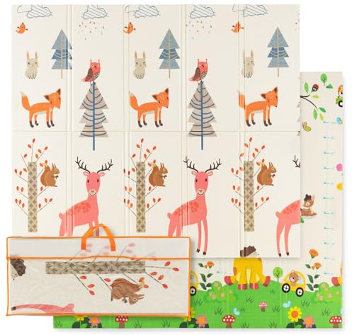 DREAMADE Faltbare Spielmatte Baby, 200 x 180 cm Doppelseiten Spieldecke aus XPE, Krabbelmatte für Indoor & Outdoor, Tragbare Babymatte für Laufstall & Picknick (Sika-Hirsch-Muster)