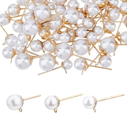 SUPERFINDINGS 84 unidades de 3 tamaños de perlas sintéticas pendientes de perlas y 90 unidades de tuercas de plástico de acero inoxidable dorado claro redondo pendientes de bola para bricolaje