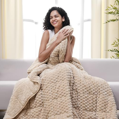 Drewin Gewichtsdecke für Erwachsene, Queen-Size-Größe, 6,8 kg, weiche, flauschige Sherpa-Gewichtsdecken zum Schlafen, gemütliche, flauschige, schwere Decke für Couch, Bett, 152,4 x 203,2 cm, Beige