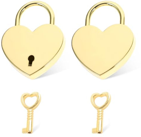 2 Heart-Shaped Small Padlock with Keys for Suitcase, Mini Padlock for Locker, Travel Padlock for Luggage, Gold Locks with Keys Suitable for Travel Bags, Jewellery Boxes, Journals