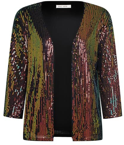 GRACE KARIN Damen Offene Blazer Business Casual Cropped Pailletten-Cardigan 3/4 Ärmel kurz Leicht Jacke Mantel Strickjacke Cardigan 2XL Schillerndes Schwarz
