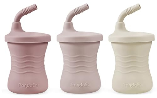 PandaEar Trinkbecher aus Silikon, für Babys und Kleinkinder, 6 Monate +140ml (Pink/Hellrosa/Leinen), 3 Stück