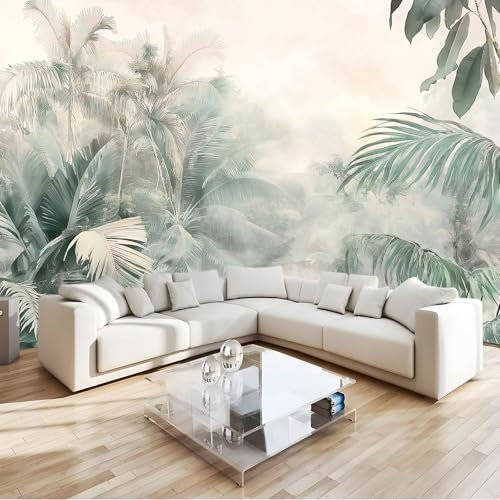Aquarelle Papier Peint Panoramique plantes tropicales de la jungle Toison Mur 350x256 cm Moderne Papier Peint intissé pour Chambre Salon Bureau Personnalisé Décoration Murale