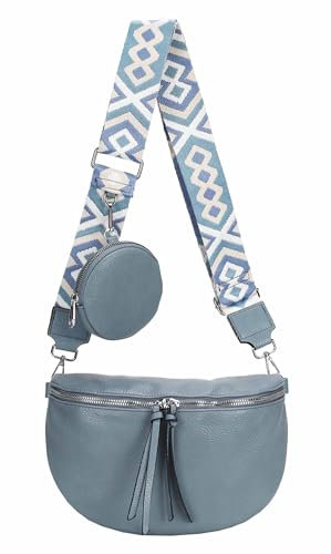OBC Damen Tasche Crossbody Gürteltasche Brusttasche Umhängetasche Hüfttasche Crossover Bauchtasche Bodybag Schultertasche Handytasche Kunstleder Jeansblau.