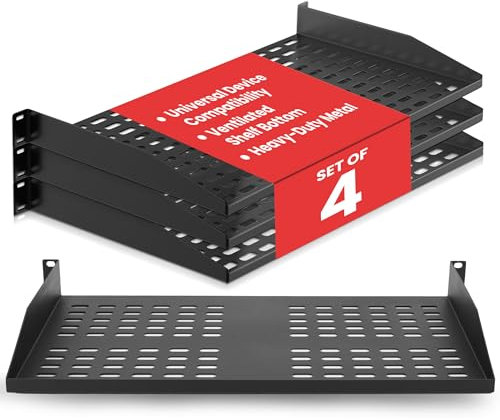 Pyle 1U Rack Mount Shelf 48cm, 4-Pack Vented Metal Shelves, Fits AV, Network, Small Server, Holds 50kg, For Cabinets, Wall, Computers and Network Equipment