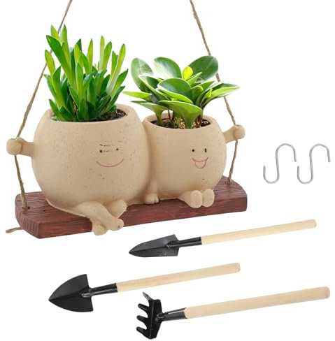 Swing Face Hanging Planter Pot with 3 Garden Tools Set, Resin Flower Head Planters for Indoor and Outdoor Plants, Cute Succulent Pots for String of Pearls Plant, for Mother's Day, Christmas