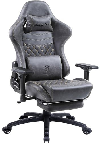 Dowinx Gaming Stuhl Bürostuhl Ergonomischer PC-Stuhl mit 4D Armlehnen und Massage Lendenwirbelstütze, Racing Stil PU Leder Hohe Rückenlehne Verstellbarer Drehsessel mit Fußstütze (Grau)