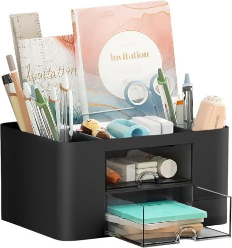 Wlevzzor Creative & Simple Desk Organiser, 7 Grids, Plastic Table Organiser with Drawer, Multifunctional Desk Organiser, Pen Holder for School, Office, Home (Black)