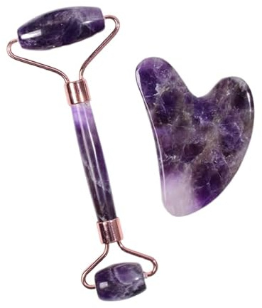 Amethyst-Roller für Gesicht, Gua-Sha-Werkzeug-Set, Naturstein, Gesichtsmassage, Kristallquarz, Schabmassagegerät, 2 Stück