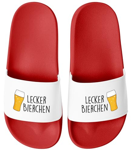 MoonWorks® Badeschlappen Lustig Spruch Lecker Bierchen Badelatschen Herren Damen Badeschuhe Pool Party Urlaub Männer Frauen Rot-weiss 46
