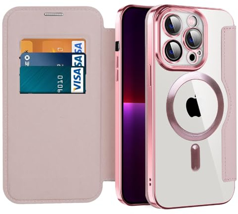 IMIRST Case for iPhone 13 Pro Compatible with MagSafe, WD Pink | 3 Card Holder,RFID Blocking,Premium Leather Folio Flip Wallet Cover,Magnetic Clear Shockproof TPU,for Women Men