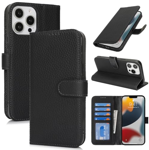Zouzt Leather Wallet Case for iPhone 13 Pro, 4 Card Slot, Black | Genuine Leather, Card Holder, Shockproof TPU Shell, Magnetic Closure, Protective Flip Folio Phone Cover, For Women Men
