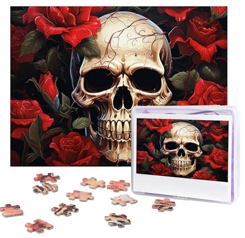 Puzzles, 500 Teile, personalisiertes Puzzle, Totenkopf, rosenrot, Puzzle, anspruchsvolles Bild mit Aufbewahrungstasche, Fotopuzzle für Erwachsene, Hochzeit (75 x 50 cm)