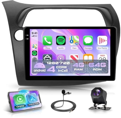 Rimoody 4G+64G Android 15 Autoradio für Honda Civic VIII 2006-2011 Wireless Carplay Android Auto 9 Zoll Incell Touchscreen Radio mit GPS WiFi Mirror Link Bluetooth FM/RDS/EQ/USB/SWC Rückfahrkamera