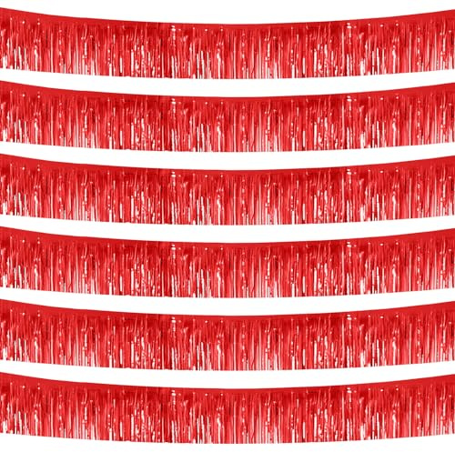 Folie Fringe Girland Metallic 6 Stück, Glitzervorhang Lametta 30 x 300 cm, Glitzer Vorhang, Hängende Fringe Banner fur Party, Geburtstagsdeko, Hochzeit, Festivals (Rot)