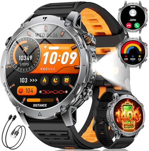 SUNKTA Montre Connectée Homme 1400 mAh 20 Jours Autonomie Grande Batterie 1,7″ HD Appels Bluetooth Militaire Smartwatch Homme pour iOS Android, Moniteur de Fréquence Cardiaque/Sommeil/Lampe LED,Noir