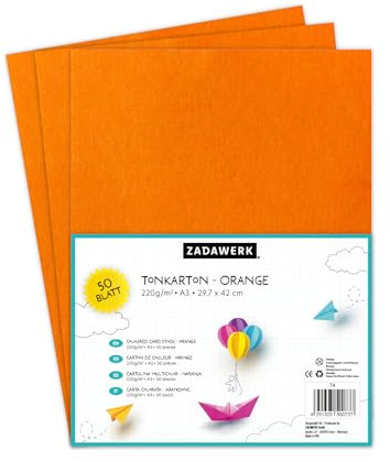 ZADAWERK® Tonkarton - 220 g/m² - DIN A3 - Orange - 50 Blatt - Bastelkarton - farbige Pappbögen zum Basteln - Tonzeichenpapier dick - 42x29,7 cm groß - Bedruckbar