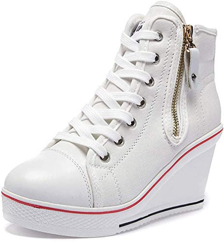 Siphly Zapatillas de lona cálidos con cuña para mujer, altura de tacón, 7 cm, color negro, blanco, rojo, azul oscuro, 35-43, color, talla 40 EU