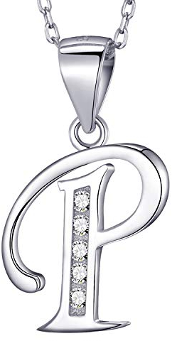 MASADA 925 Silber Buchstaben-Halskette - Initialen-Anhänger mit Zirkonia-Steinen - Buchstabe P - 46 cm Kette mit Samtbeutel