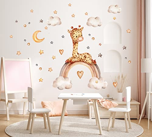 Giraffe auf dem Regenbogen mit Herz Sterne wolken Aquarell Wandtattoo für Kinderzimmer Babyzimmer Aufkleber Wandsticker K2028 (90cm(B) x65cm(H))