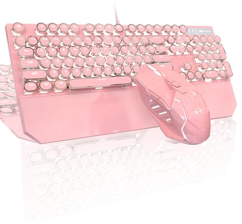 Typewriter Mechanical Gaming Keyboard and Mouse Combo, Retro Punk Round Keycaps RGB Rainbow Backlit Wired Keyboard for Game and Office, for Windows Laptop PC, Red Switches(Pink)