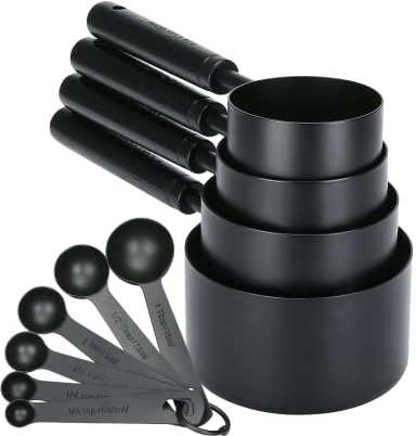 Home Bay Messbecher und Messlöffel Set, mit Holzgriffen, Edelstahl lackiert, Tiefschwarz - Dosierlöffel, geeignet für die Küche, angenehme Haptik
