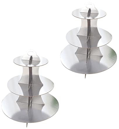 2 Pack 3 Tier Cardboard Cake Stand, Three Tiered Paper Afternoon Tea Stands color Disposable Cupcake Holder Round Dessert Stands for Party Wedding Birthday Baby Shower Anniversary (Paper Silver)