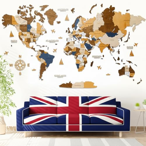 WOW WOOD Mappa del Mondo da Parete in Inglese - Legno 3D per Bambini