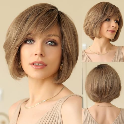 EMMOR Handgebundene Lace-Front-Perücke, 100% Echthaarperücke für Frauen, natürlich gestuft, gewellter unterschiedlicher Stil für weiße Frauen (Ombre Aschblond#)