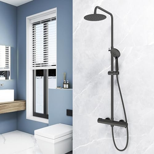 Ducha Casa Columna Ducha Termostática, Alcachofa Cuadrada Negro Mate, Altura de Barra Ajustable 735-1170mm, Ducha Lluvia para Baño